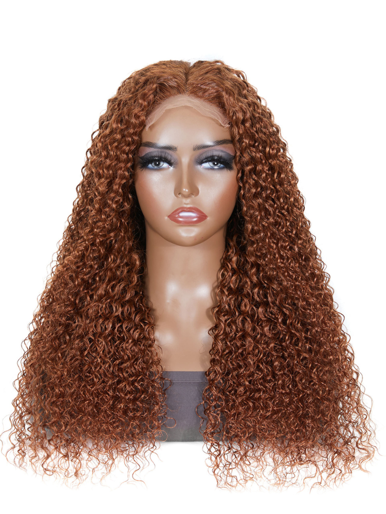 Medium Auburn Jerry Curly Human Hair Glueless Lace Wig 150% Density
