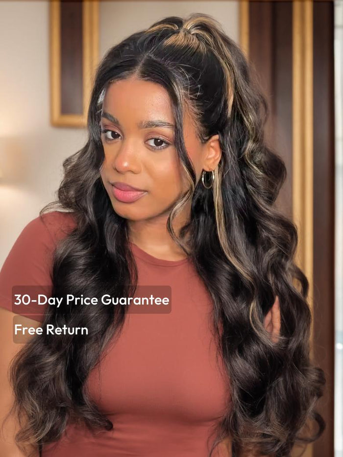 24'' Petaluxe 13x4 Lace Front Chocolate Brown With Peek A Boo Highlight Blonde Lace Front Body Wave Wig