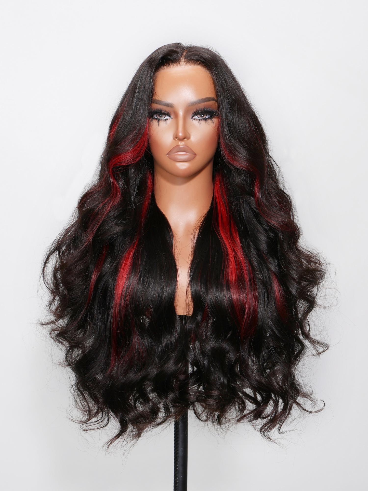 13x4 Lace Front Black Hair With Red Streaks Loose Wave Wig