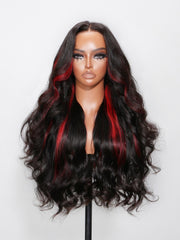 13x4 Lace Front Black Hair With Red Streaks Loose Wave Wig