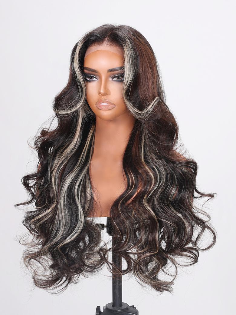 13x4 Lace Front Black With Brown & Light Blonde Highlights Loose Wave Wig