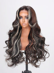 13x4 Lace Front Black With Brown & Light Blonde Highlights Loose Wave Wig