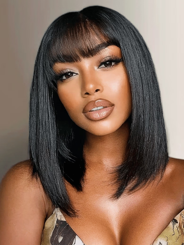 Petaluxe 2x4 Lace Closure Yaki Straight Bob Wig with Bangs 150% Density