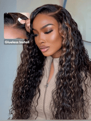 Bye-Bye Knots 7x5 Lace Water Wave Black Wig With Golden Brown Highlights