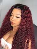 Petaluxe [22"=$99] Beginner Friendly V Part Burgundy Ombre With Dark Roots Curly Wig 150% Density