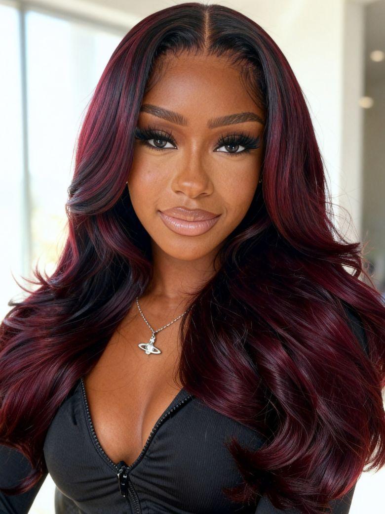 13x4 Pre-Everything? Lace Frontal Deep Burgundy Highlights Loose Wave Drawstring Wig with Face Framing Layers