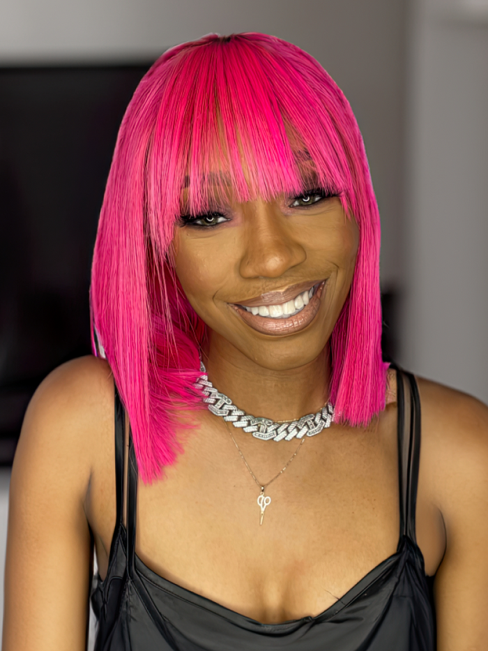 Petaluxe 13x4 Lace Front Fiery Pink Shoulder Length Bob Wig With Bangs