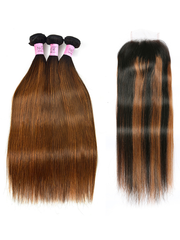 4x4 Lace Closure with 3 Bundles Straight Hair Brown Balayage Color
