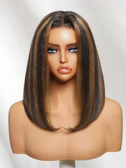 7x5 Bye-Bye Slip? Lace Black with Caramel Highlights Side Part Yaki Straight Bob Wig