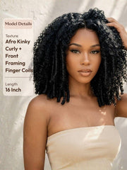 A model wears a 16-inch black kinky finger curly wig with finger coils, featuring a seamless, pre-plucked hairline.