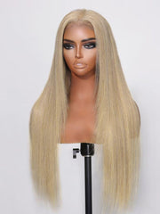 200% Density 13x4 Transparent Lace Frontal Glossy Blond Straight Pre-Plucked Human Hair Wig with Baby Hair
