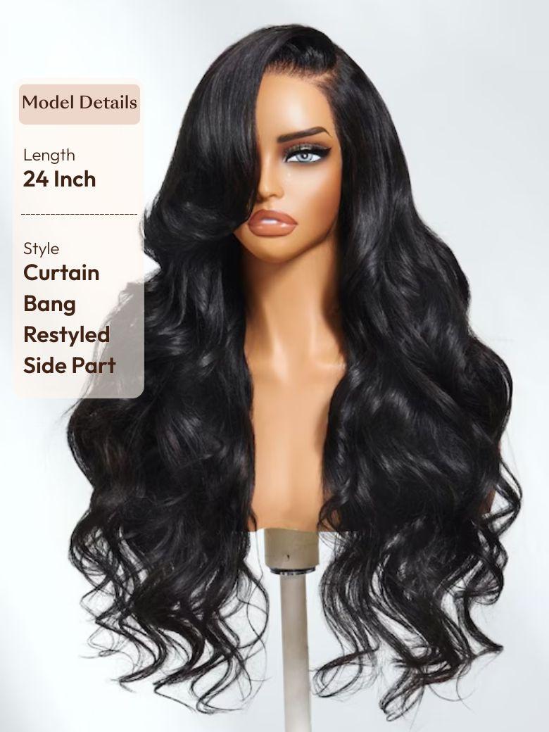 13x4 HD Real Scalp? Wig & 7x5 Invisible Lace Frontal & Feathered Layers Drawstring Loose Wave with Face Framing Curtain Bangs