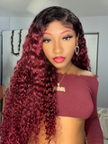 Petaluxe [22in=$99] Beginner Friendly V Part Burgundy Ombre With Dark Roots Curly Wig 150% Density