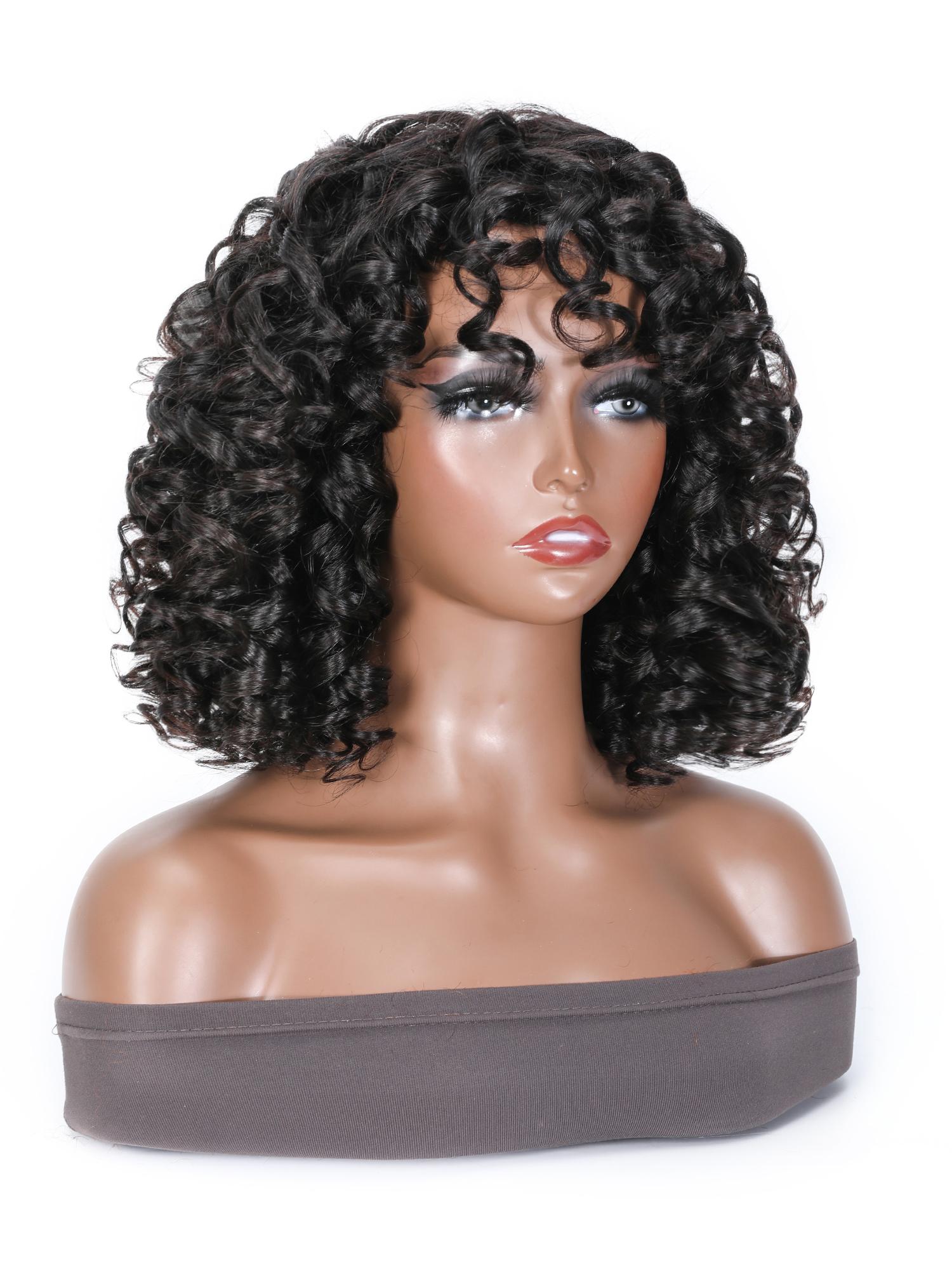 Short Black Afro Curly Wigs with Bangs Human Hair for Women 12 inch