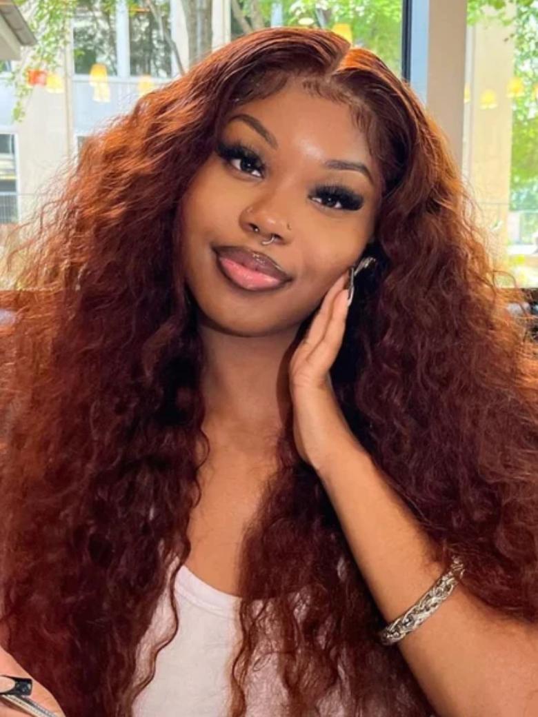 7x5 Bye Bye Knots& 13x4 Pre Everything Reddish Brown Water Wave Gluleless Lace Wig