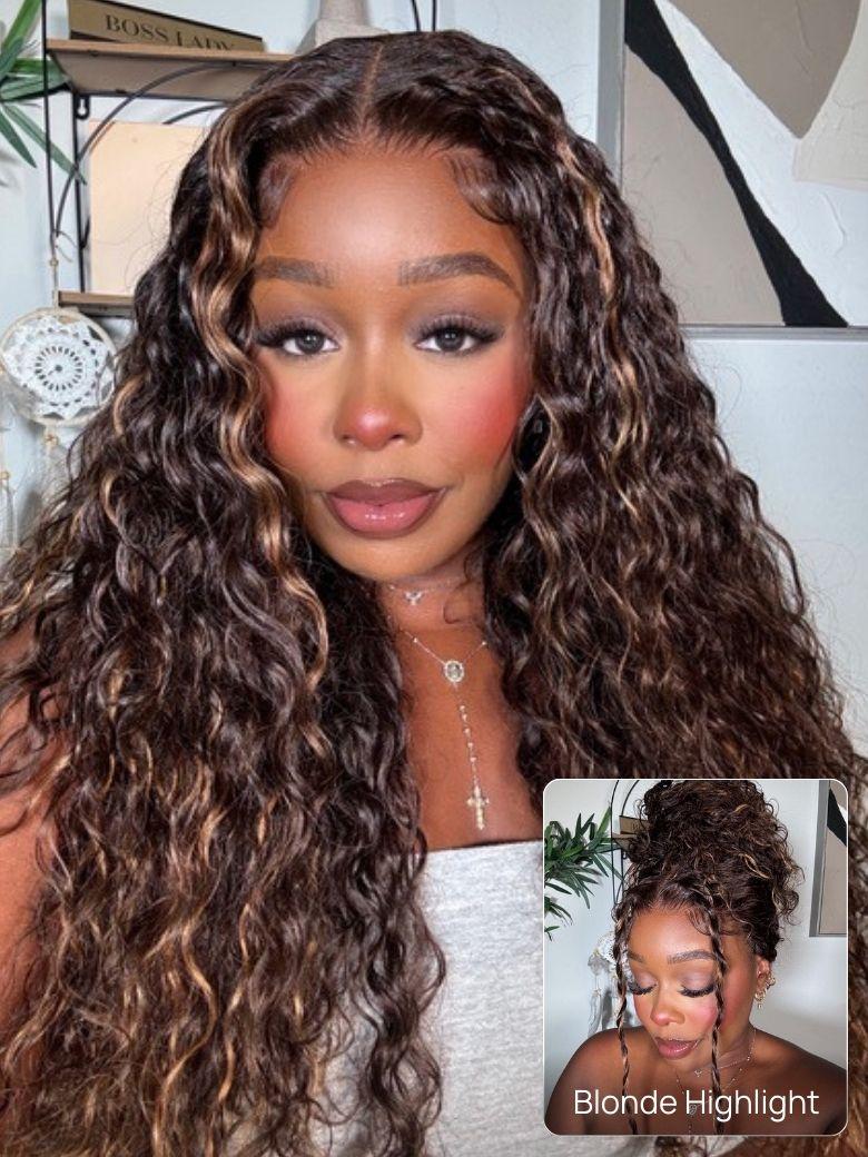 100% Human Hair Bye-Bye Knots? 7x5 Lace Dark Toffee Brown with Auburn Highlights Water Wave Wig with Invisi Drawstring