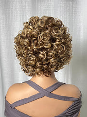 Big Fluffy Brown Mixed Blonde Glueless Bob Curly Wig With Fringe Bangs