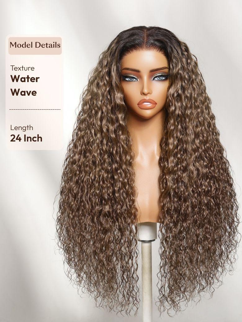 7x5 Bye Bye Slip? Lace Chocolate Brown with Caramel Blonde Highlights Body Wave Wig with Side Part Bangs