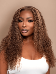 [From 18"] 6x4.5 Pre Cut Lace Put On And Go Honey Blonde Highlights Curly Air Wig with Baby Hair 150% Density
