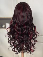 Dark Burgundy With Rose Red Highlights 13x4 Lace Front Loose Wave Human Hair Wig Brand Day Sale
