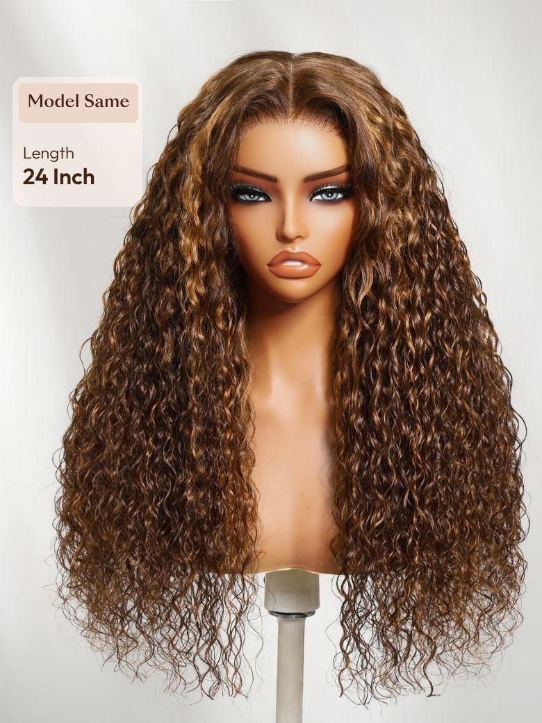 13x4 Pre-Everything? Lace Frontal Toffee Brown With Piano Highlights Water Wave Glueless Wig with Invisi Drawstring