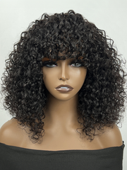 Tousled Curly Short Black Glueless Wig With Bangs