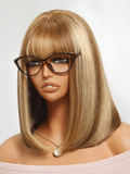 Petaluxe Bye-Bye Knots 7x5 Lace Honey Blonde Highlights Yaki Wig with Blunt Bang