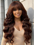 Petaluxe 7x5 & 13x4 Bye Bye Slip? Lace Auburn/Red Brown Fluffy Loose Wave Wig with Wispy Bangs 180% Density
