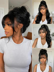 Black wavy wig with bangs styled in a messy bun, half-up top knot, and high ponytail.