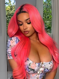 Petaluxe Rose Red Ombre 13x4 Lace Front Straight Wig With Dark Roots