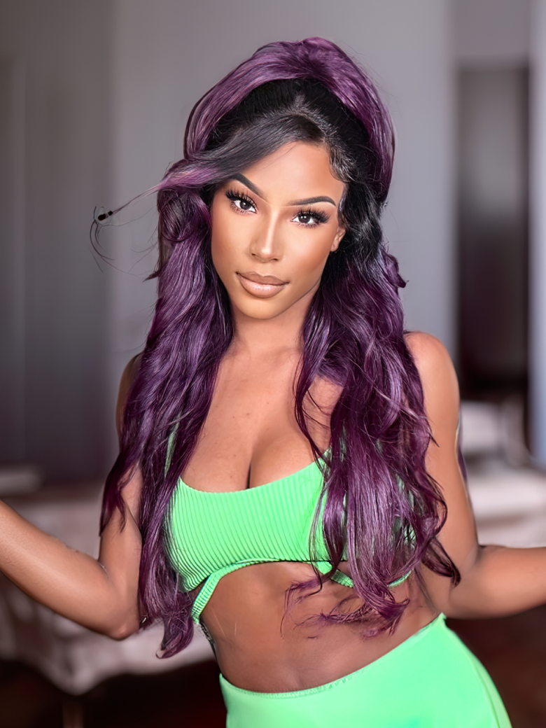 [13x4 Lace=$69] 13x4 Lace Ombre Smokey Deep Purple Black Root Frontal Body Wave Wig
