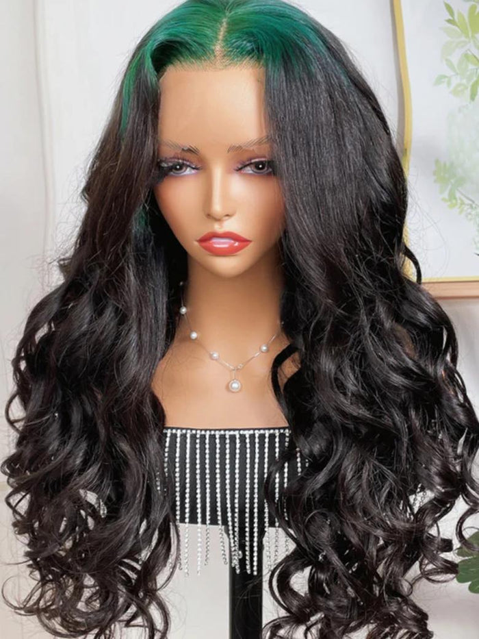 Petaluxe [22"=$99] 13x4 Lace Front Neon Green Roots Black Hair Loose Wave 150% Density Wig