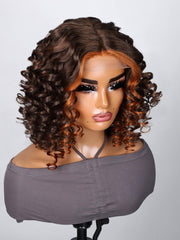 4x0.75 Lace Front Light Mocha Short Wig With Ringlets Swept Bangs And Ginger Highlights