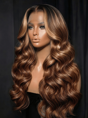 360 HD Lace Pre-plucked Luxury Raw Virgin Hair Caramel Brown With Money Piece Highlights Body Wave Wig
