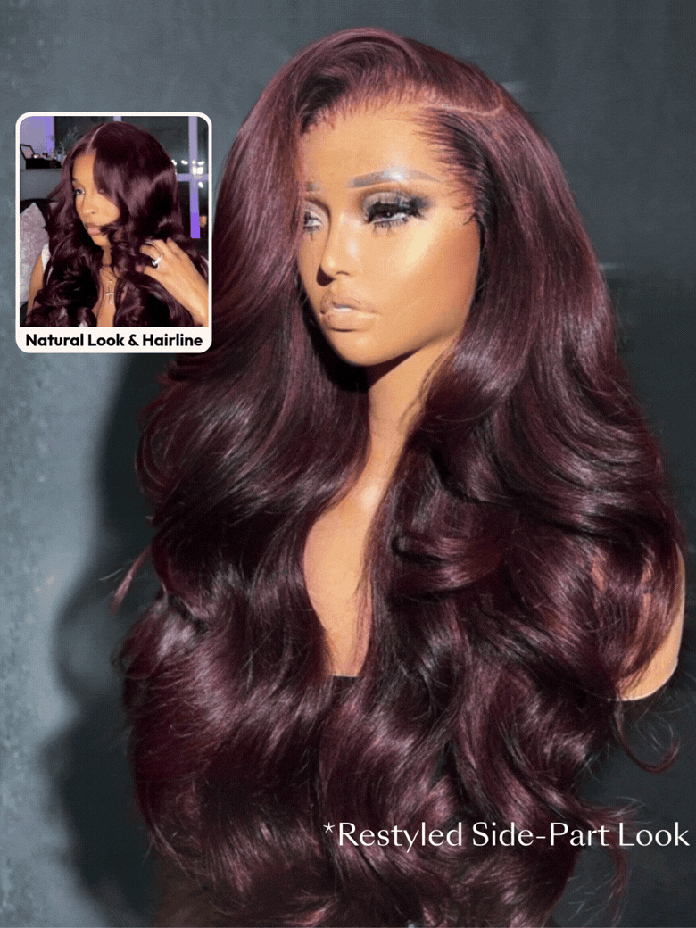 7x5 Bye-Bye Knots? & 13x4 Pre-Everything? Lace Frontal Purple Black Cherry Layered Straight & Loose Wave With Invisi Drawstring Wig