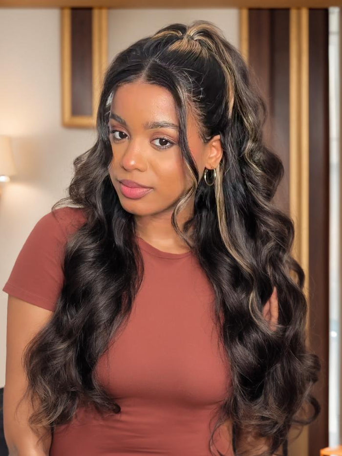 Petaluxe From 18'' Magic Replaceable Closure Wig 7x5 Lace Real Look Black & Highlight Blonde Bye-Bye Knots Wig Game Changer