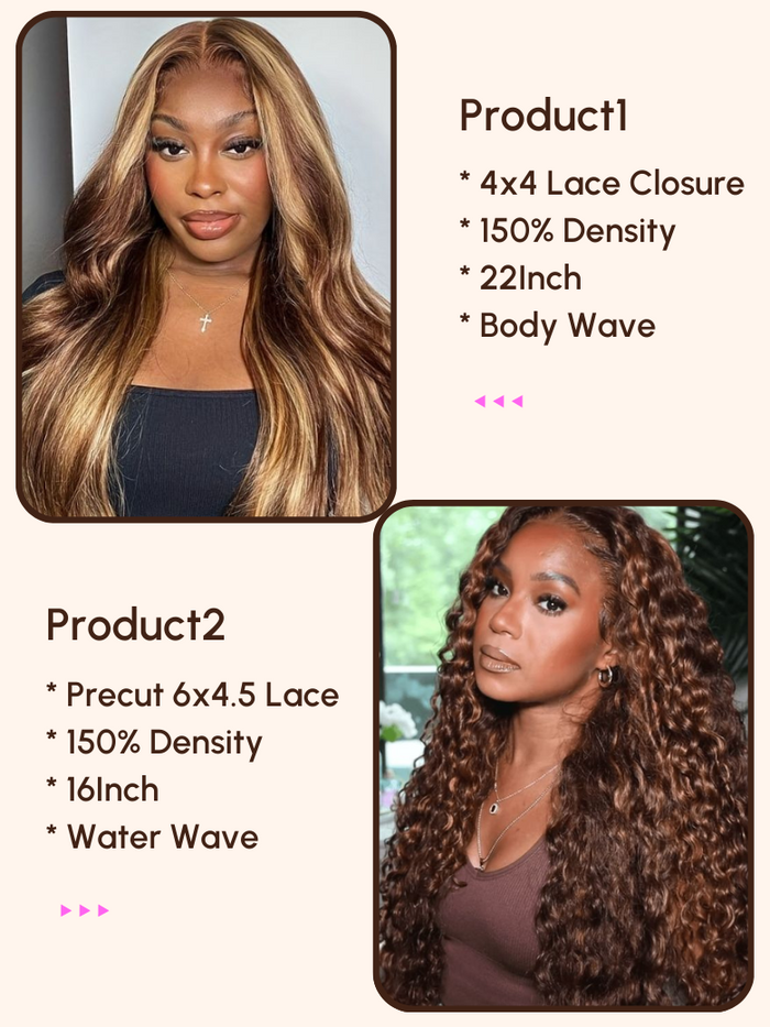 Petaluxe 2 Wigs $87 for 22" 4x4 Lace Closure Honey Blonde Body Wave and 16" Precut 6x4.5 Lace Piano Highlight Water Wave Wig