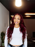Petaluxe Pre Cut Lace Burgundy Body Wave Wig Suitable For All Skin Tone 150% Density Eye Catching Color Put On And Go Wig