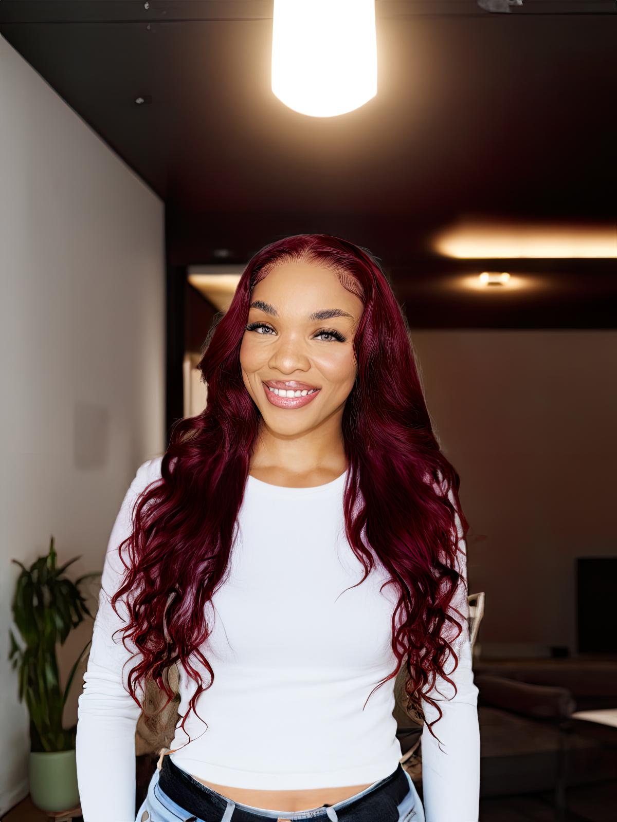 Pre Cut Lace Burgundy Body Wave Wig Suitable For All Skin Tone 150% Density Eye Catching Color Put On And Go Wig