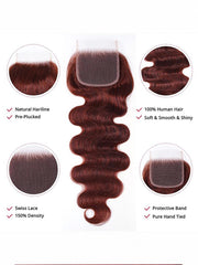 Dark Auburn Body Wave Remy Human Hair 4 Bundles With Closure Deal