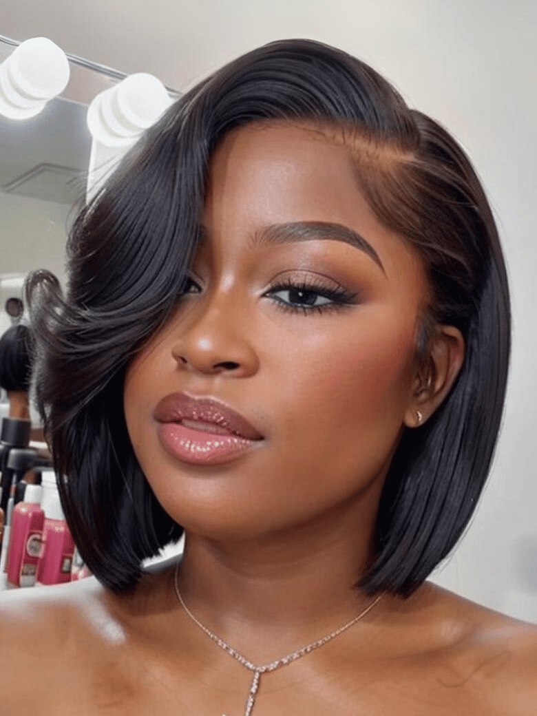 Bye Bye Knots Wig 7x5 Pre Cut Lace Black Feathered Bob Wig 150% Density