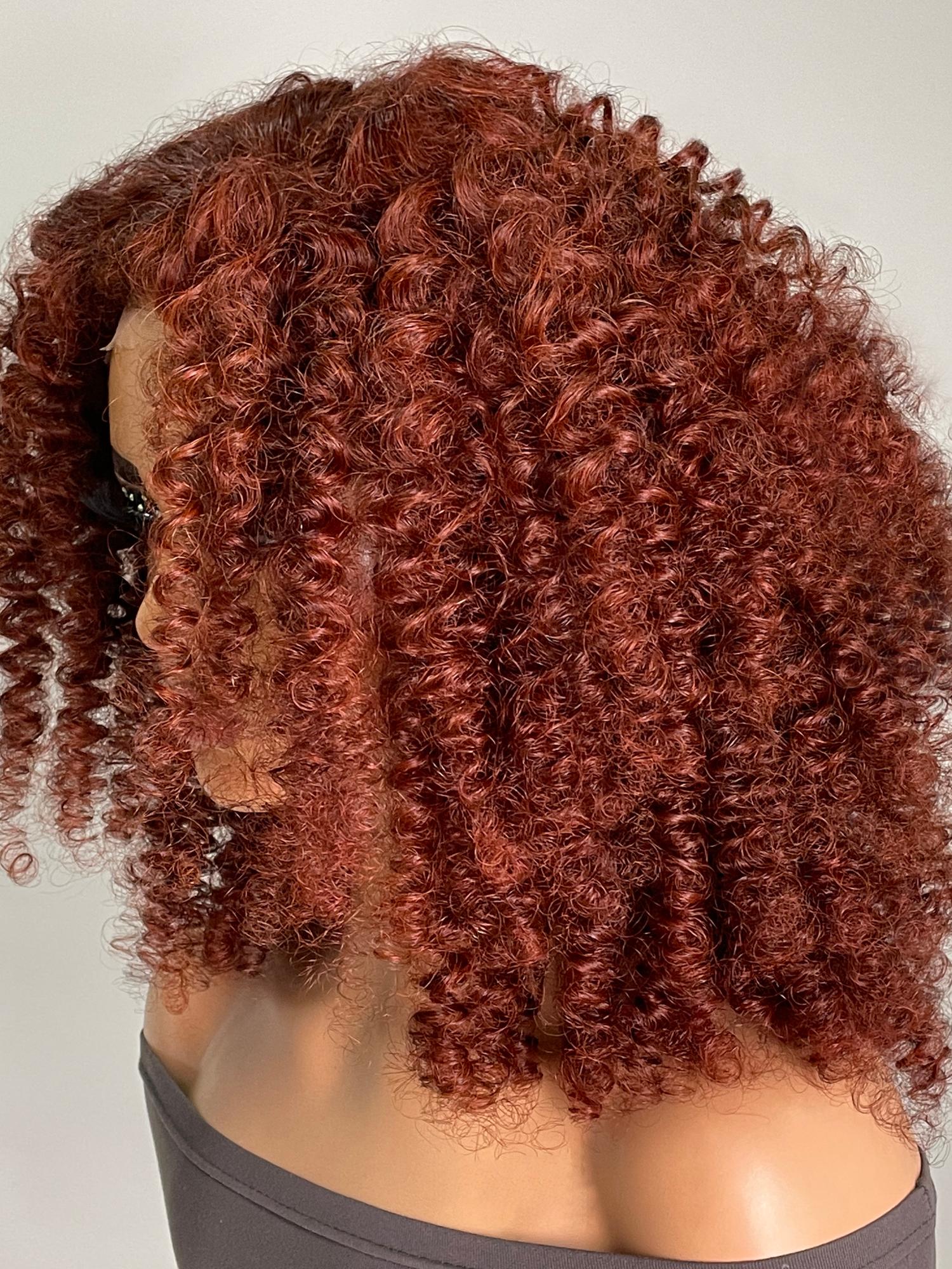 13x4 Lace Front Kinky Afro Puff Reddish Brown 16 Inch Shoulder Length Wig