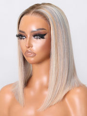 Put On And Go Wig 6x4.5 Glueless Lace Glossy Blonde With Silver Highlight Bob Wig