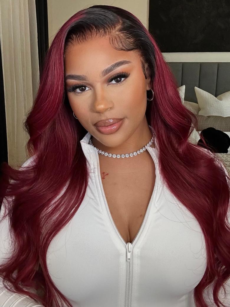24" 180% Density 13x4 Lace Front Burgundy Red With Dark Roots Body Wave Wig