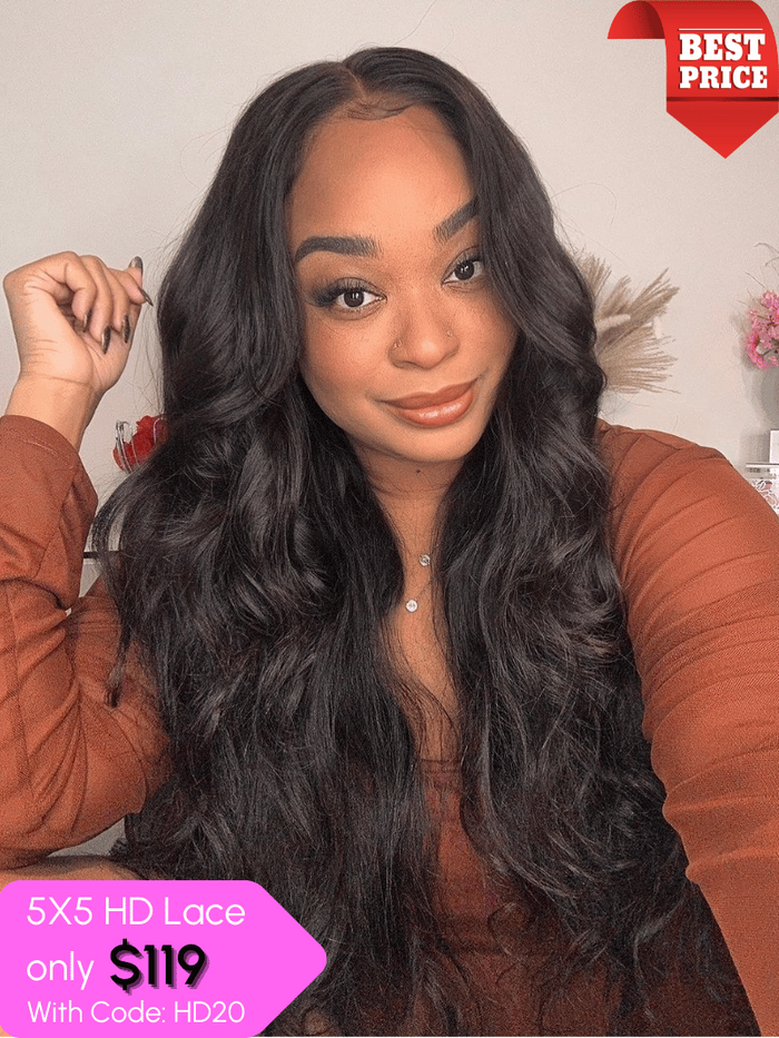 Petaluxe 5x5 HD Glueless Lace Wigs Pre Plucked Smooth & Wavy Body Wave Hair Clear Glueless Lace Wigs
