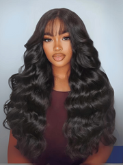 13x4 Pre-Everything Lace Frontal Black Fluffy Natural Color Loose Wave Wig WIth Banging Bangs