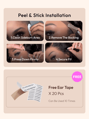 Instructional graphic for installing a wig with tape using peel and stick ear tape, featuring a free pack of ear tapes and a four-step photo guide: clean sideburn area, remove backing, press down, and secure fit.