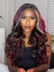 26 Inch Black with Red & Blonde Highlights 13x4 Lace Front Red And Blonde Loose Wave Wig 150% Density