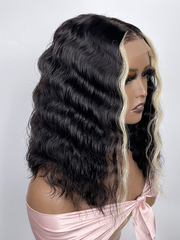 180% Density Crimped Bob 13x4 Lace Front Black Wig With Blonde Streaks In Front