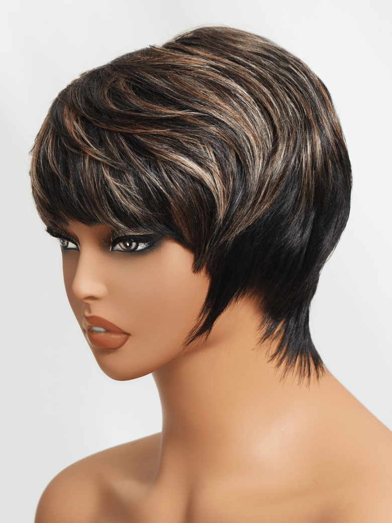 Black with Light Brown Highlights Short Pixie Cut Human Hair Glueless Wig